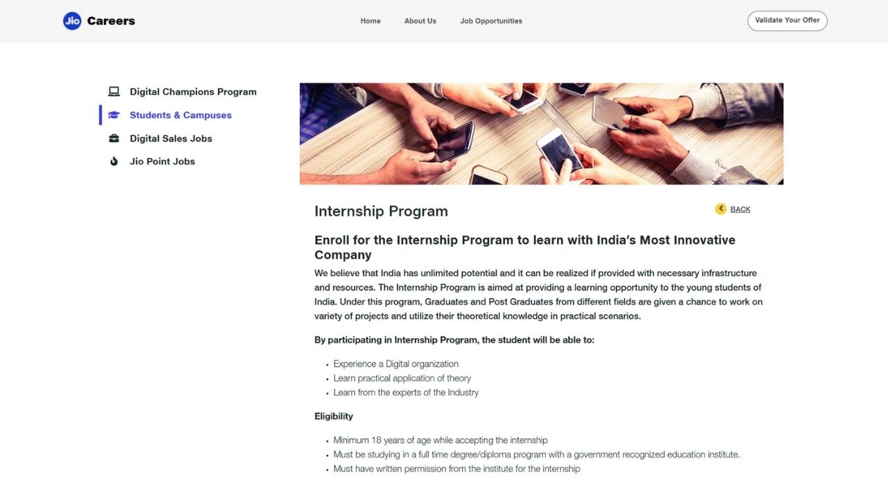Jio Internship Official Website