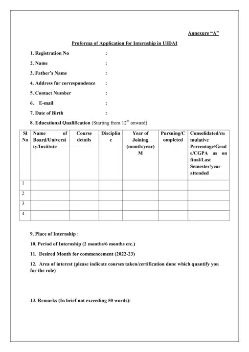 Aadhar Internship Application Form